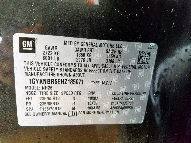 1GYKNBRS8HZ185071 - 2017 CADILLAC XT5 LUXURY CHARCOAL photo 10