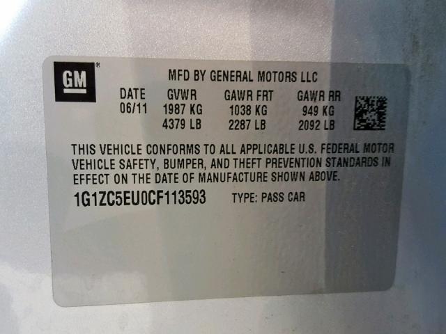 1G1ZC5EU0CF113593 - 2012 CHEVROLET MALIBU 1LT SILVER photo 10