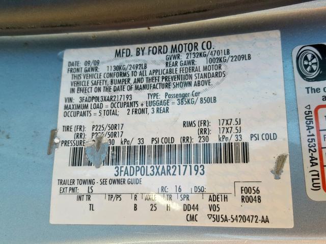 3FADP0L3XAR217193 - 2010 FORD FUSION HYB BLUE photo 10