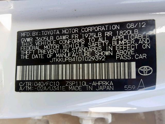 JTKKUPB41D1029392 - 2013 TOYOTA SCION XD WHITE photo 10