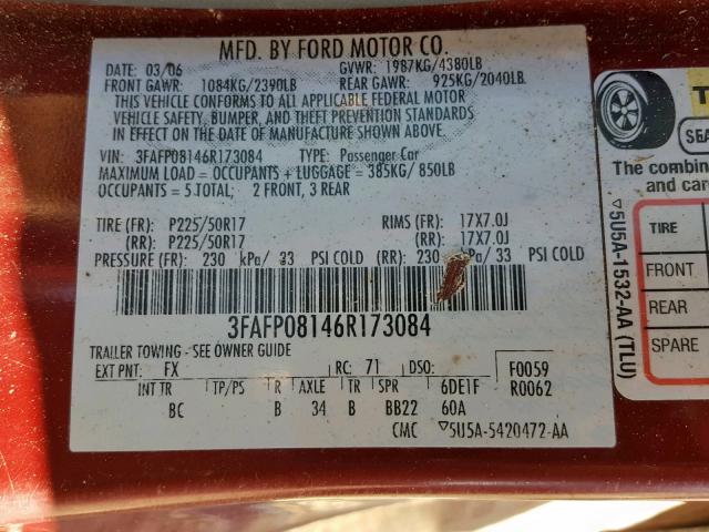 3FAFP08146R173084 - 2006 FORD FUSION SEL RED photo 10