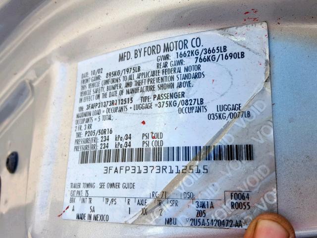 3FAFP31373R112515 - 2003 FORD FOCUS ZX3 SILVER photo 10