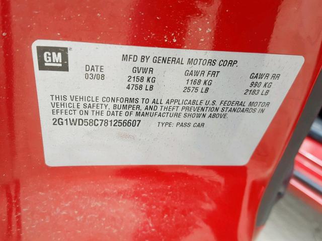 2G1WD58C781256607 - 2008 CHEVROLET IMPALA SUP Қызыл фото 10