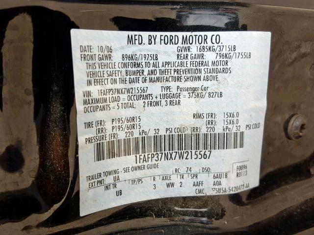 1FAFP37NX7W215567 - 2007 FORD FOCUS ZX5 BLACK photo 10