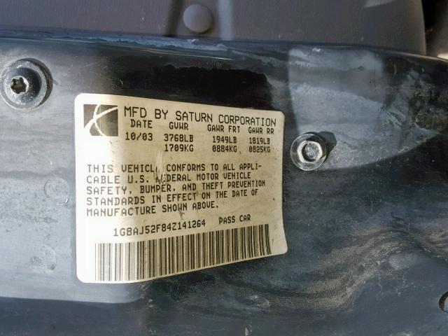 1G8AJ52F84Z141264 - 2004 SATURN ION LEVEL GRAY photo 10