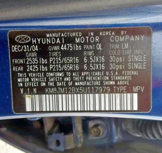 KM8JM12BX5U117979 - 2005 HYUNDAI TUCSON GL BLUE photo 10