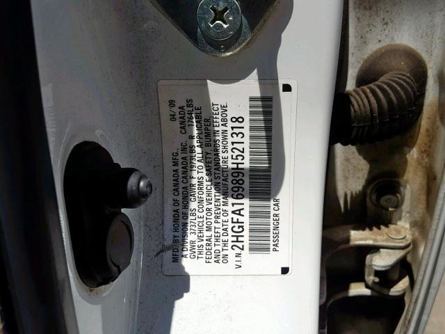 2HGFA16989H521318 - 2009 HONDA CIVIC EXL WHITE photo 10