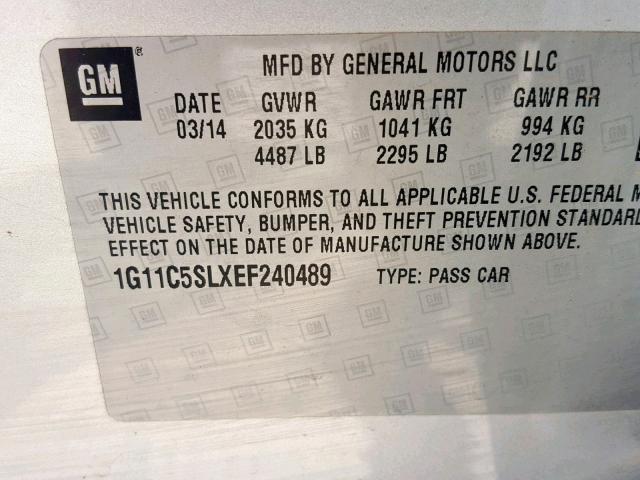 1G11C5SLXEF240489 - 2014 CHEVROLET MALIBU 1LT 银色 照片 10