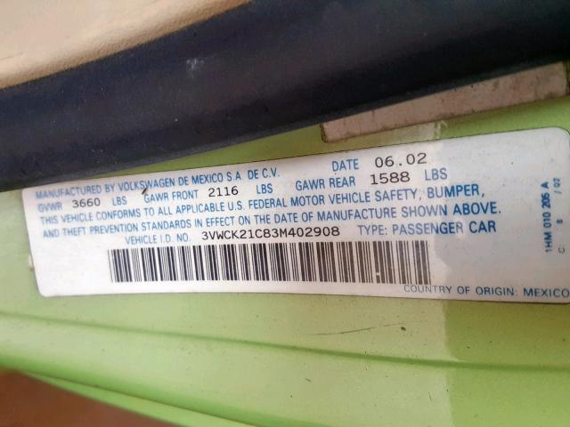 3VWCK21C83M402908 - 2003 VOLKSWAGEN NEW BEETLE Yaşıl foto 10