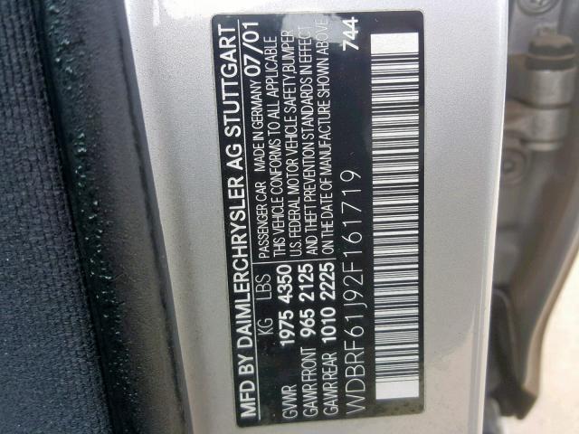 WDBRF61J92F161719 - 2002 MERCEDES-BENZ C 240 SILVER photo 10