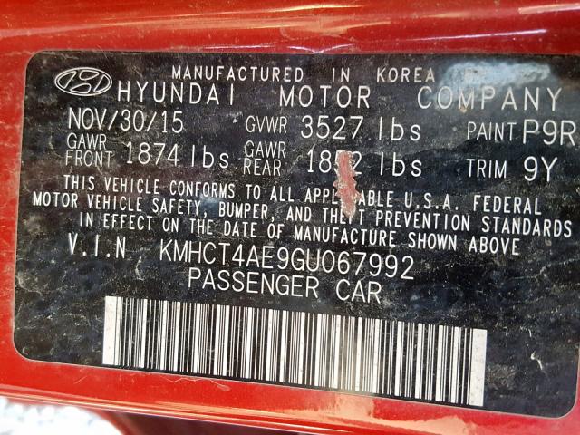 KMHCT4AE9GU067992 - 2016 HYUNDAI ACCENT SE RED photo 10