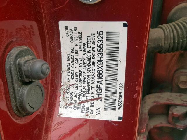2HGFA166X9H355325 - 2009 HONDA CIVIC LX-S Qırmızı foto 10