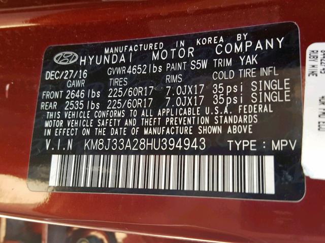 KM8J33A28HU394943 - 2017 HYUNDAI TUCSON LIM RED photo 10