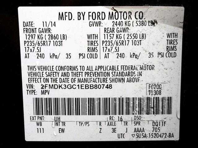 2FMDK3GC1EBB80748 - 2014 FORD EDGE SE BLACK photo 10