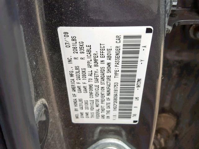 1HGCP26809A191753 - 2009 HONDA ACCORD EXL GRAY photo 10