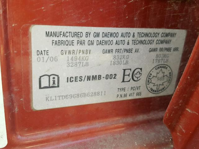 KL1TD69686B628811 - 2006 CHEVROLET AVEO BASE RED photo 10