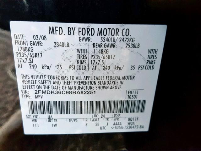 2FMDK36C98BA82251 - 2008 FORD EDGE SE BLACK photo 10