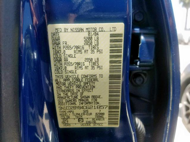 5N1ED28Y84C621857 - 2004 NISSAN XTERRA XE BLUE photo 10