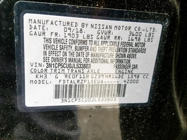 3N1CP5CU0JL533803 - 2018 NISSAN KICKS S BLACK photo 10