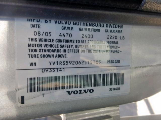 YV1RS592062515705 - 2006 VOLVO S60 2.5T SILVER photo 10