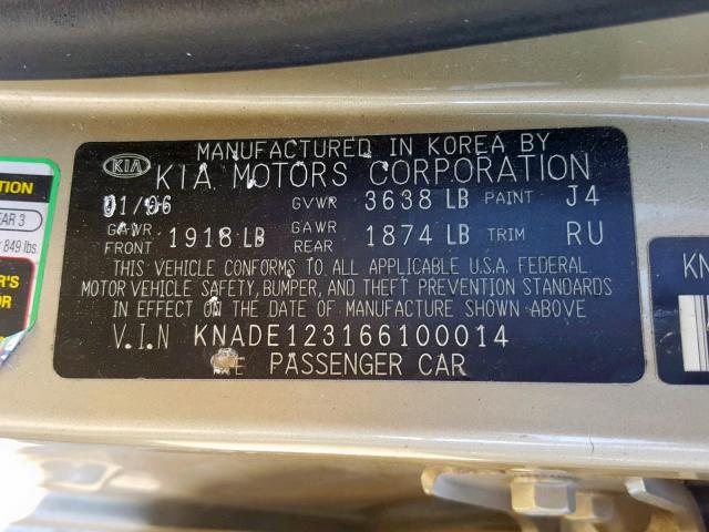 KNADE123166100014 - 2006 KIA RIO GOLD photo 10