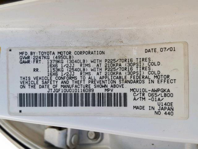 JTJGF10U010116089 - 2001 LEXUS RX 300 WHITE photo 10