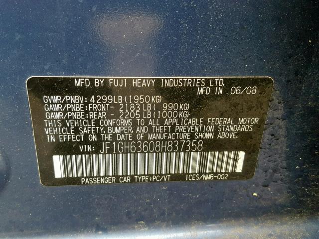 JF1GH63608H837358 - 2008 SUBARU IMPREZA OU BLUE photo 10