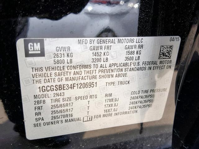 1GCGSBE34F1206951 - 2015 CHEVROLET COLORADO L BLACK photo 10