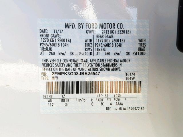 2FMPK3G98JBB25547 - 2018 FORD EDGE SE WHITE photo 10