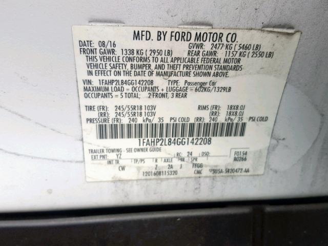 1FAHP2L84GG142208 - 2016 FORD TAURUS POL WHITE photo 10