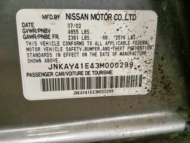 JNKAY41E43M000299 - 2003 INFINITI M45 GRAY photo 10