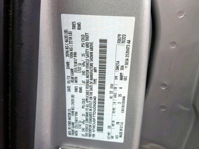 1FMCU0F77DUD92040 - 2013 FORD ESCAPE S SILVER photo 10