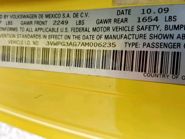 3VWPG3AG7AM006235 - 2010 VOLKSWAGEN NEW BEETLE ყვითელი ფოტო 10