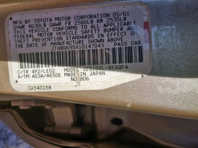 JT8BD69SX10147043 - 2001 LEXUS GS 300 GOLD photo 10