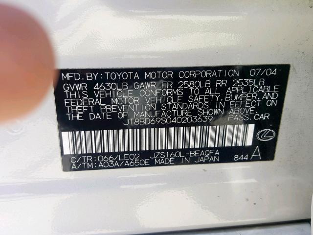 JT8BD69S040203639 - 2004 LEXUS GS 300 SILVER photo 10