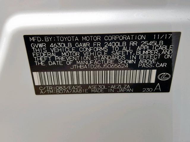 JTHBA1D26J5065624 - 2018 LEXUS IS 300 WHITE photo 10