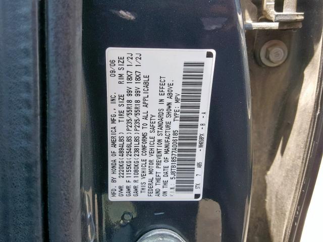 5J8TB18577A006185 - 2007 ACURA RDX TECHNO CHARCOAL photo 10