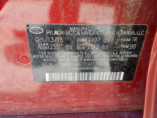 5NPE34AF2GH321879 - 2016 HYUNDAI SONATA SPO RED photo 10