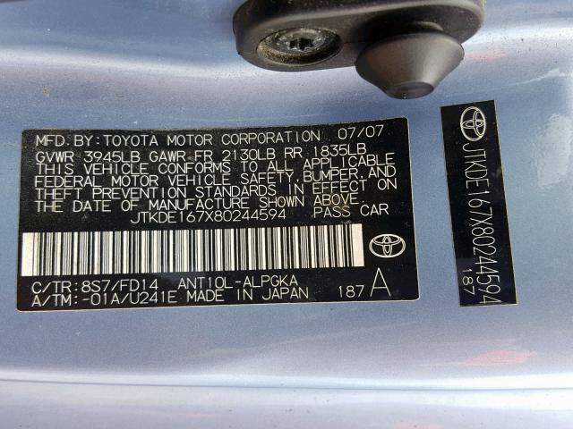 JTKDE167X80244594 - 2008 TOYOTA SCION TC ლურჯი ფოტო 10