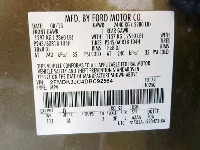 2FMDK3JC4DBC92564 - 2013 FORD EDGE SEL GREEN photo 10