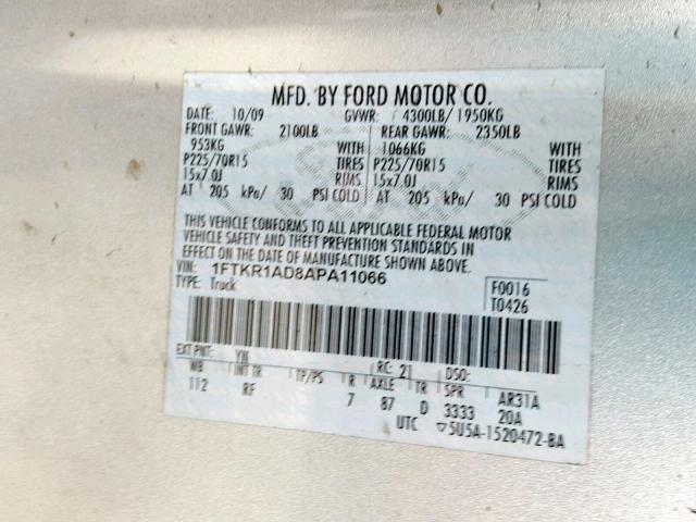 1FTKR1AD8APA11066 - 2010 FORD RANGER SILVER photo 10