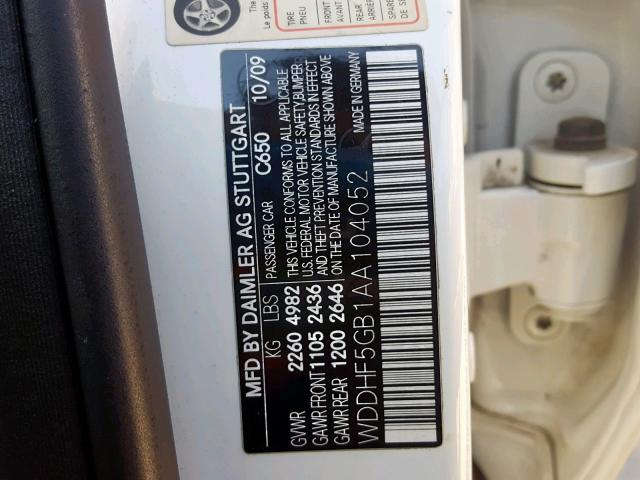 WDDHF5GB1AA104052 - 2010 MERCEDES-BENZ E 350 WHITE photo 10