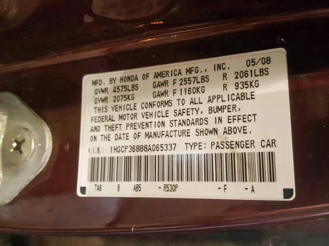 1HGCP36888A065337 - 2008 HONDA ACCORD EXL BURGUNDY photo 10