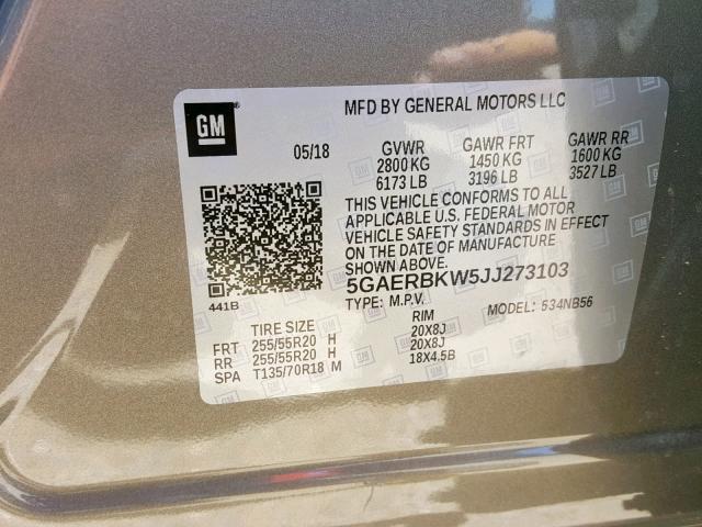 5GAERBKW5JJ273103 - 2018 BUICK ENCLAVE ES GOLD photo 10