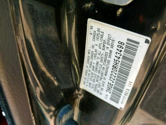 2HGEJ2220RH543498 - 1994 HONDA CIVIC DX BLACK photo 10