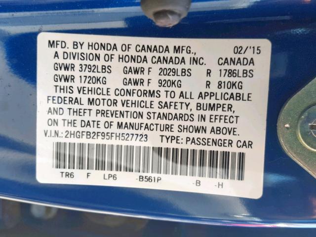 2HGFB2F95FH527723 - 2015 HONDA CIVIC EXL BLUE photo 10