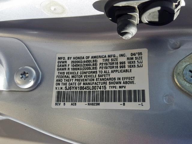 5J6YH18645L007415 - 2005 HONDA ELEMENT EX SILVER photo 10