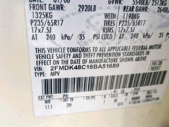 2FMDK48C18BA51689 - 2008 FORD EDGE SEL CREAM photo 10