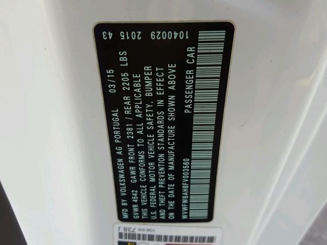 WVWFW8AH8FV003560 - 2015 VOLKSWAGEN EOS LUX 白色 照片 10