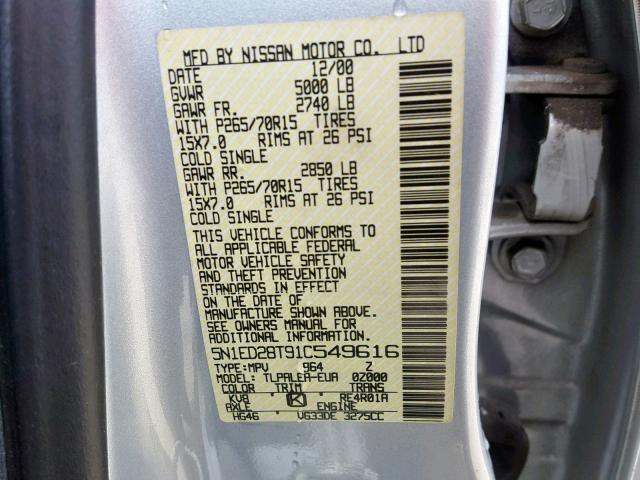 5N1ED28T91C549616 - 2001 NISSAN XTERRA XE SILVER photo 10